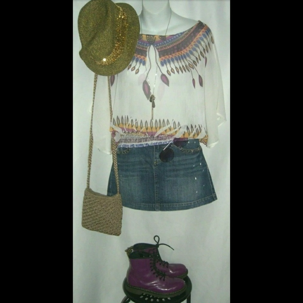 y2k Wet Seal Blouse Batwing Sleeves White Purple Bohemian Print Sheer Boho Top M